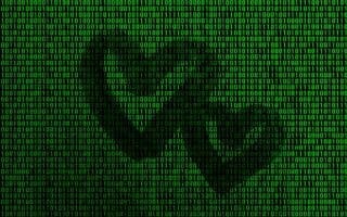 Binary code from bright green figures, through which the shape of the heart is visible